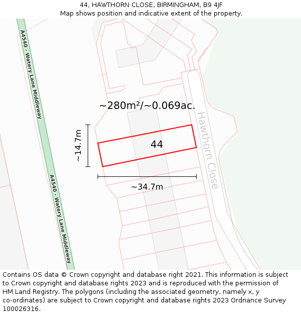 44, HAWTHORN CLOSE, BIRMINGHAM, B9 4JF: Plot and title map