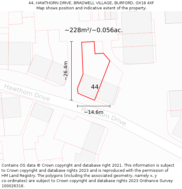 44, HAWTHORN DRIVE, BRADWELL VILLAGE, BURFORD, OX18 4XF: Plot and title map