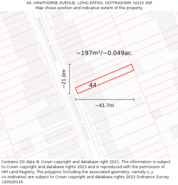 44, HAWTHORNE AVENUE, LONG EATON, NOTTINGHAM, NG10 3NF: Plot and title map