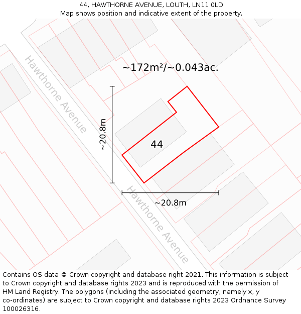 44, HAWTHORNE AVENUE, LOUTH, LN11 0LD: Plot and title map