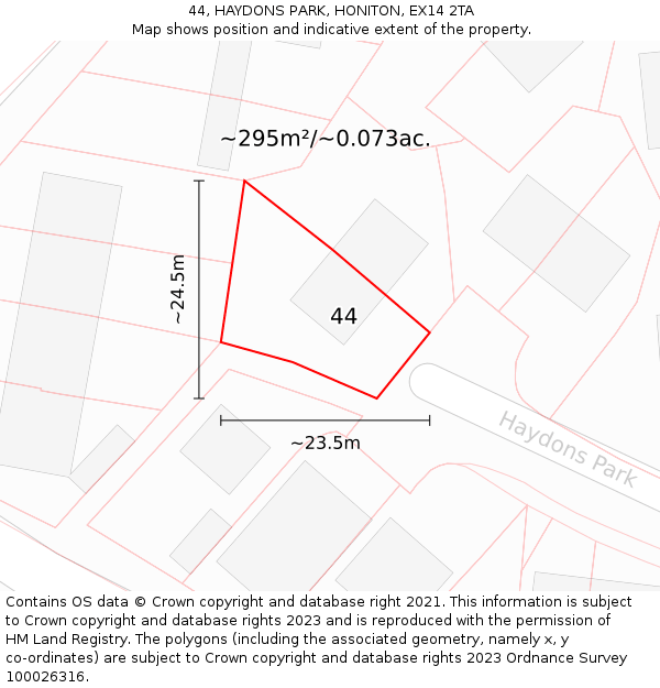 44, HAYDONS PARK, HONITON, EX14 2TA: Plot and title map