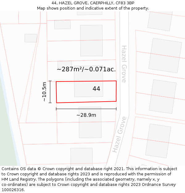 44, HAZEL GROVE, CAERPHILLY, CF83 3BP: Plot and title map