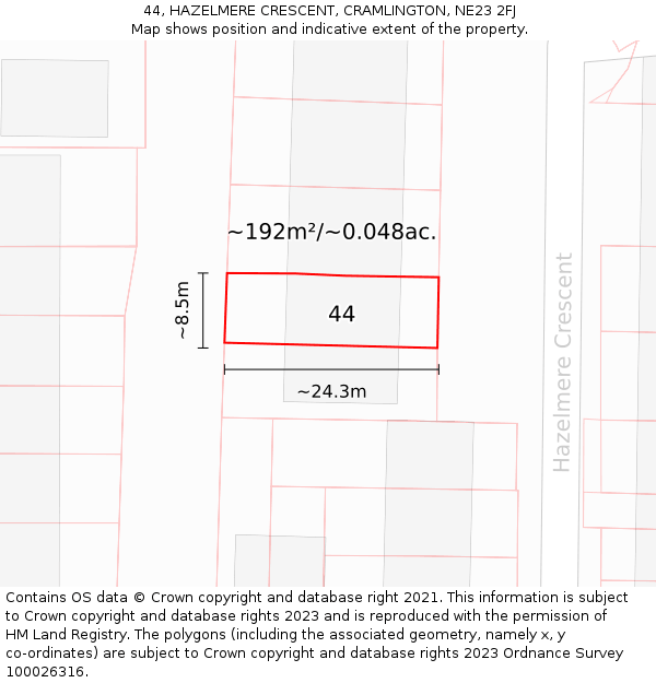 44, HAZELMERE CRESCENT, CRAMLINGTON, NE23 2FJ: Plot and title map