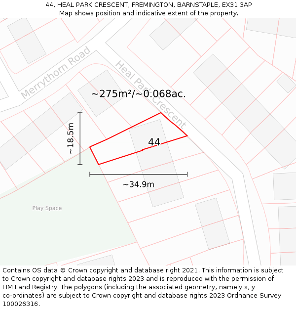 44, HEAL PARK CRESCENT, FREMINGTON, BARNSTAPLE, EX31 3AP: Plot and title map