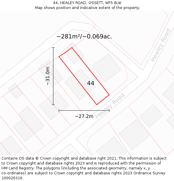 44, HEALEY ROAD, OSSETT, WF5 8LW: Plot and title map