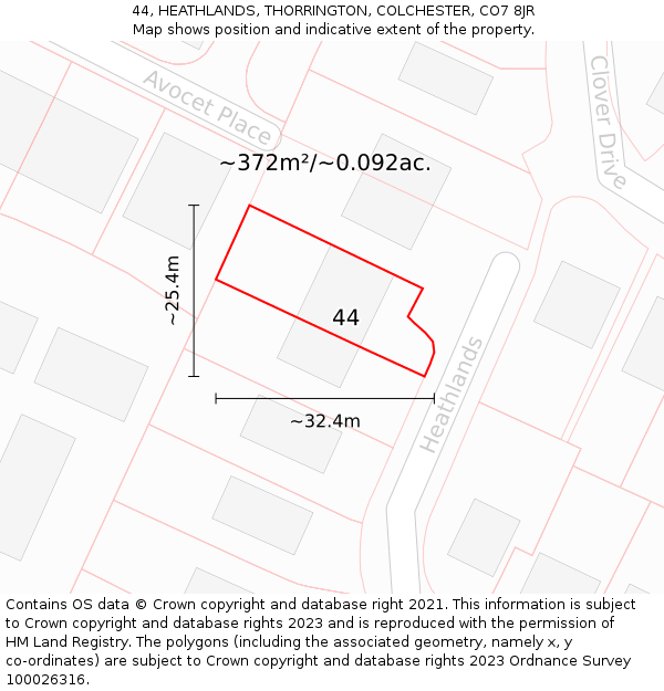 44, HEATHLANDS, THORRINGTON, COLCHESTER, CO7 8JR: Plot and title map