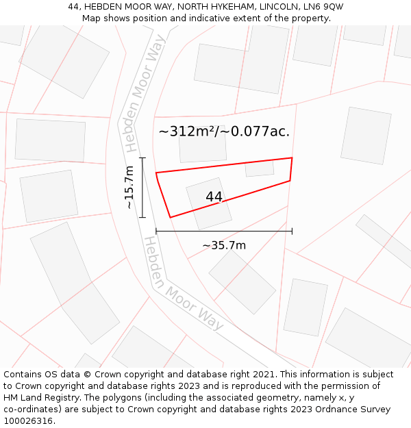 44, HEBDEN MOOR WAY, NORTH HYKEHAM, LINCOLN, LN6 9QW: Plot and title map