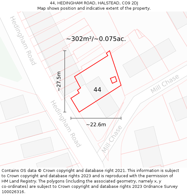 44, HEDINGHAM ROAD, HALSTEAD, CO9 2DJ: Plot and title map