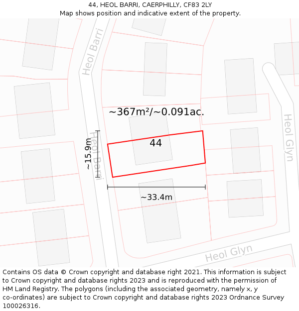 44, HEOL BARRI, CAERPHILLY, CF83 2LY: Plot and title map