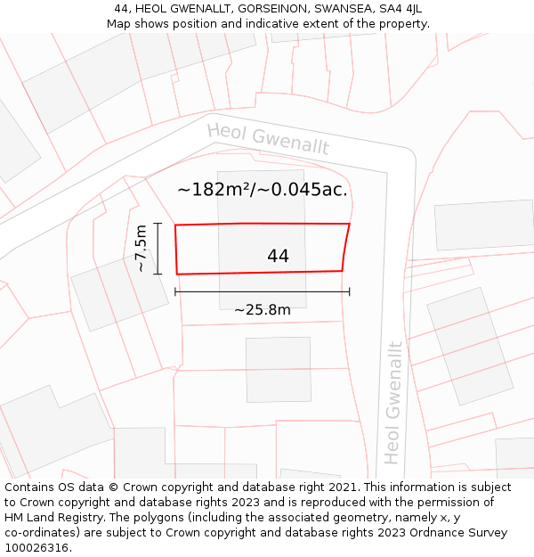 44, HEOL GWENALLT, GORSEINON, SWANSEA, SA4 4JL: Plot and title map