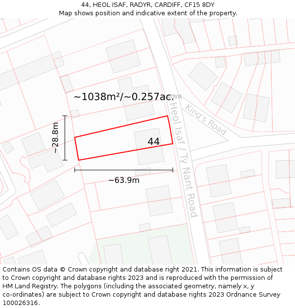 44, HEOL ISAF, RADYR, CARDIFF, CF15 8DY: Plot and title map