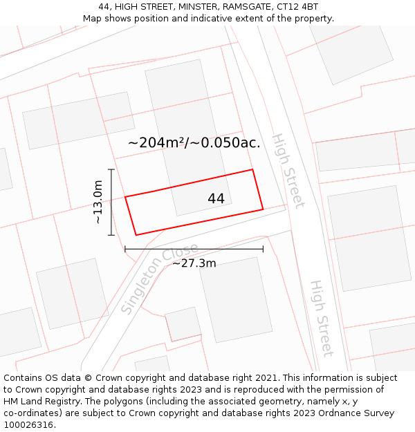 44, HIGH STREET, MINSTER, RAMSGATE, CT12 4BT: Plot and title map