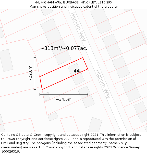 44, HIGHAM WAY, BURBAGE, HINCKLEY, LE10 2PX: Plot and title map