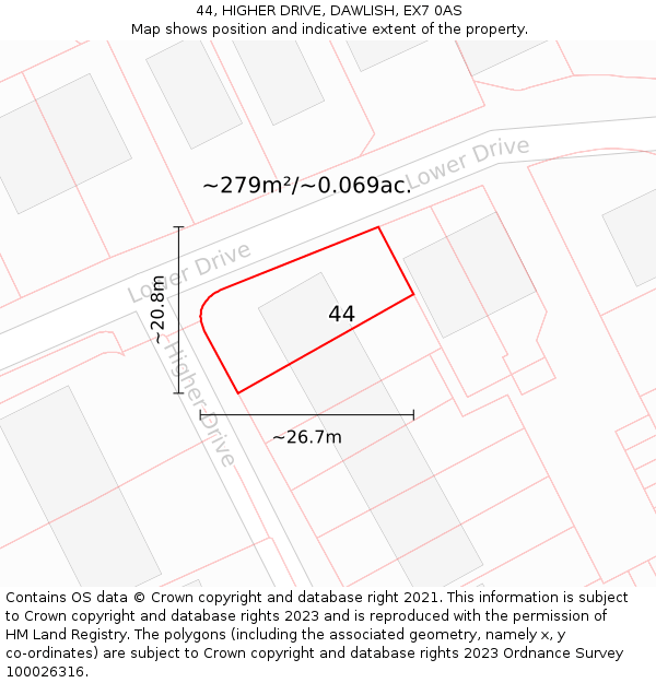 44, HIGHER DRIVE, DAWLISH, EX7 0AS: Plot and title map