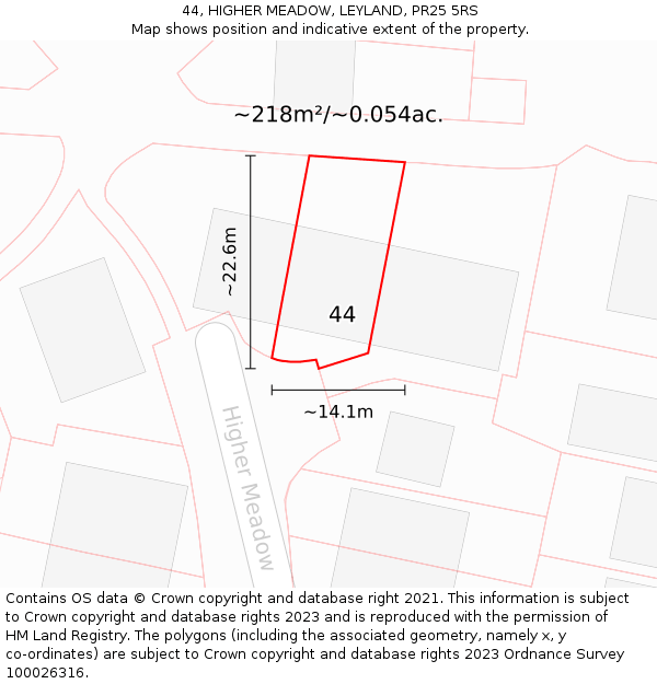 44, HIGHER MEADOW, LEYLAND, PR25 5RS: Plot and title map