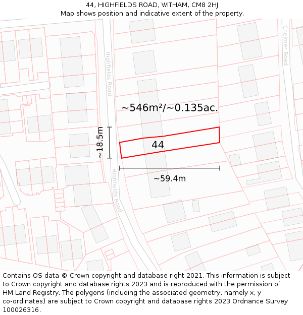 44, HIGHFIELDS ROAD, WITHAM, CM8 2HJ: Plot and title map