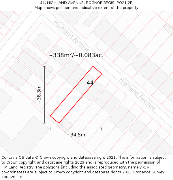 44, HIGHLAND AVENUE, BOGNOR REGIS, PO21 2BJ: Plot and title map