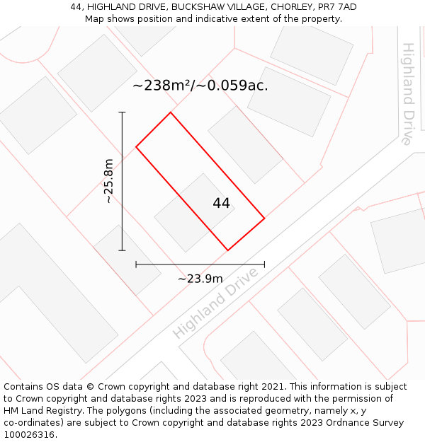 44, HIGHLAND DRIVE, BUCKSHAW VILLAGE, CHORLEY, PR7 7AD: Plot and title map