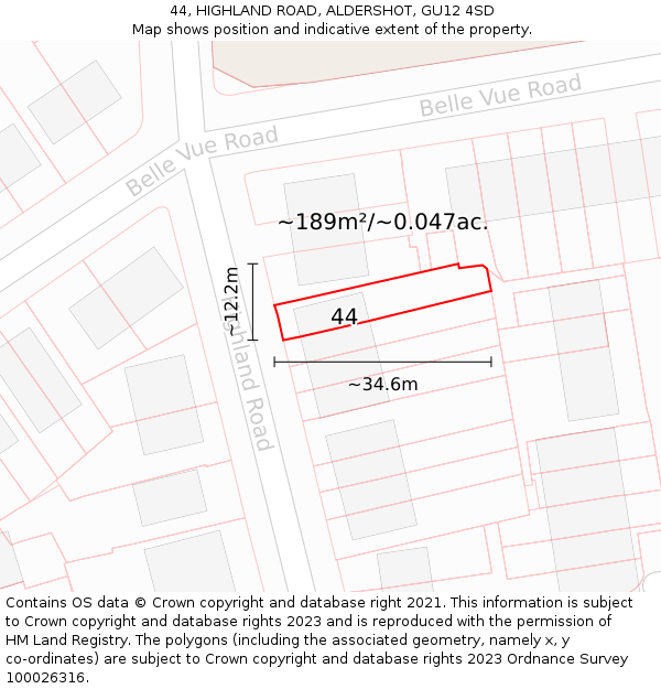 44, HIGHLAND ROAD, ALDERSHOT, GU12 4SD: Plot and title map