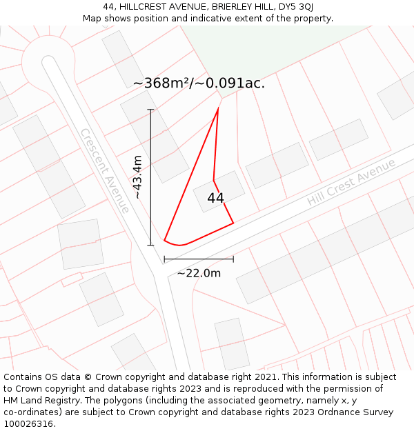 44, HILLCREST AVENUE, BRIERLEY HILL, DY5 3QJ: Plot and title map