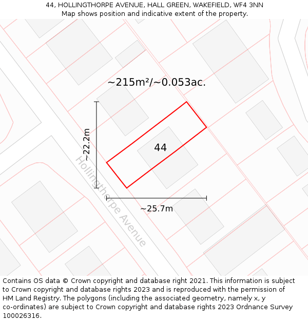 44, HOLLINGTHORPE AVENUE, HALL GREEN, WAKEFIELD, WF4 3NN: Plot and title map