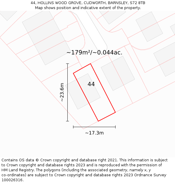 44, HOLLINS WOOD GROVE, CUDWORTH, BARNSLEY, S72 8TB: Plot and title map