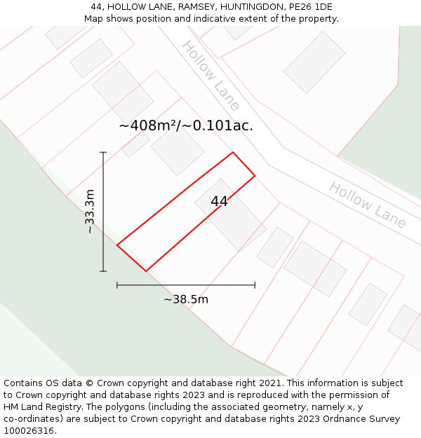 44, HOLLOW LANE, RAMSEY, HUNTINGDON, PE26 1DE: Plot and title map