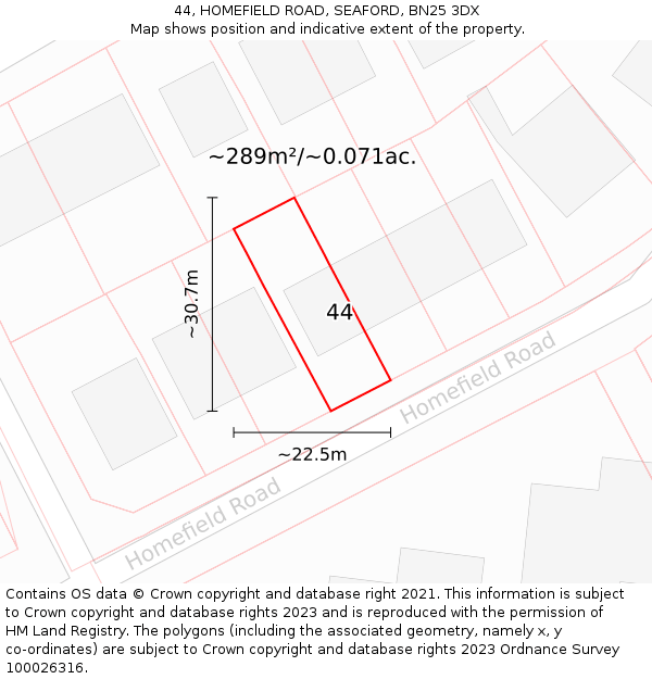 44, HOMEFIELD ROAD, SEAFORD, BN25 3DX: Plot and title map