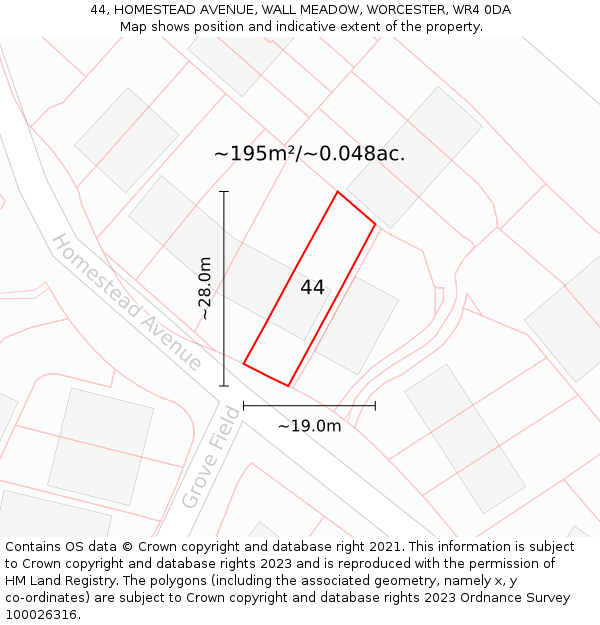 44, HOMESTEAD AVENUE, WALL MEADOW, WORCESTER, WR4 0DA: Plot and title map