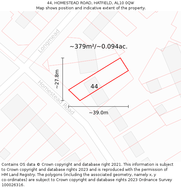 44, HOMESTEAD ROAD, HATFIELD, AL10 0QW: Plot and title map