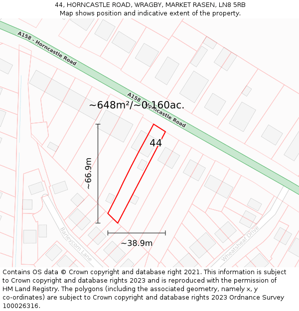 44, HORNCASTLE ROAD, WRAGBY, MARKET RASEN, LN8 5RB: Plot and title map