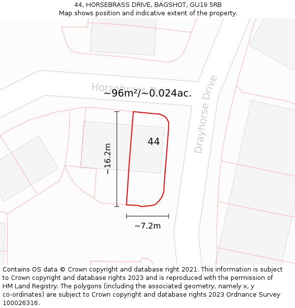 44, HORSEBRASS DRIVE, BAGSHOT, GU19 5RB: Plot and title map