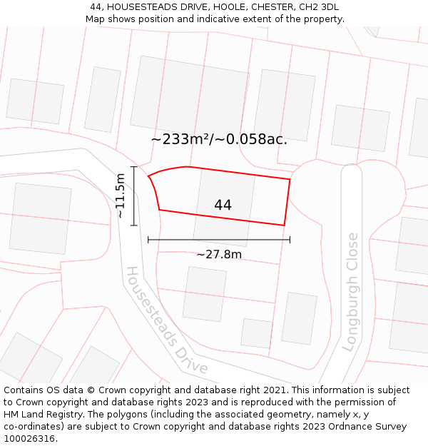 44, HOUSESTEADS DRIVE, HOOLE, CHESTER, CH2 3DL: Plot and title map