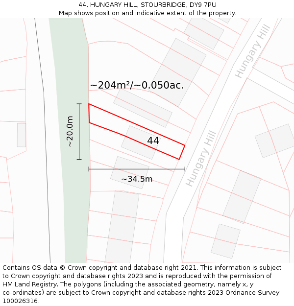 44, HUNGARY HILL, STOURBRIDGE, DY9 7PU: Plot and title map