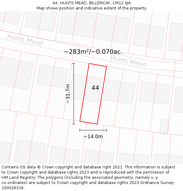 44, HUNTS MEAD, BILLERICAY, CM12 9JA: Plot and title map