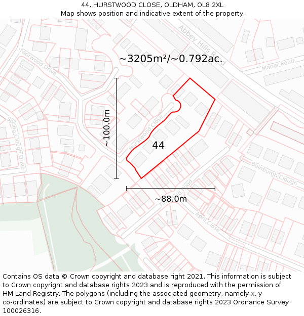 44, HURSTWOOD CLOSE, OLDHAM, OL8 2XL: Plot and title map