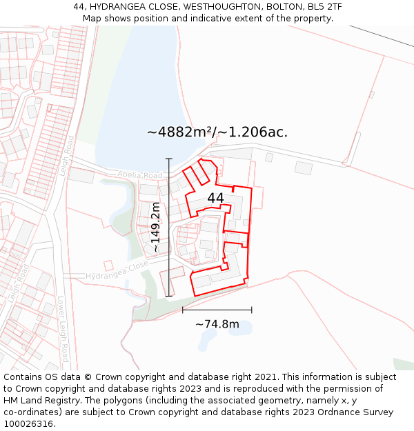 44, HYDRANGEA CLOSE, WESTHOUGHTON, BOLTON, BL5 2TF: Plot and title map