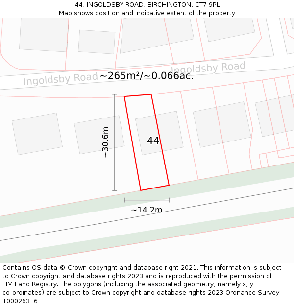 44, INGOLDSBY ROAD, BIRCHINGTON, CT7 9PL: Plot and title map