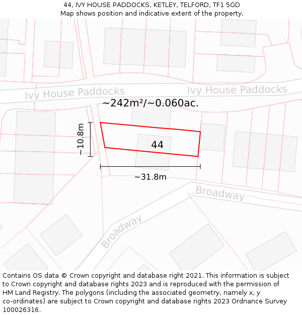 44, IVY HOUSE PADDOCKS, KETLEY, TELFORD, TF1 5GD: Plot and title map