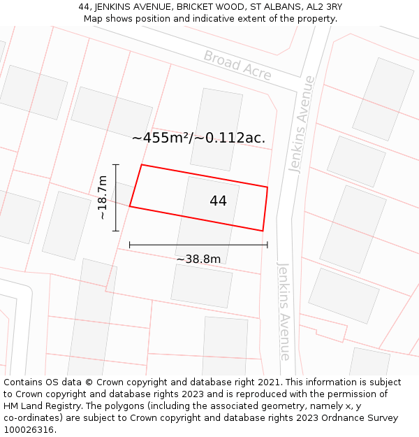 44, JENKINS AVENUE, BRICKET WOOD, ST ALBANS, AL2 3RY: Plot and title map