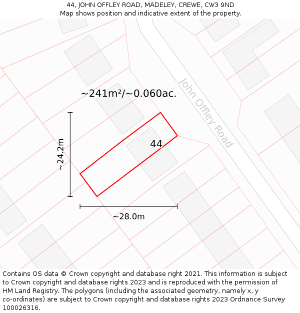 44, JOHN OFFLEY ROAD, MADELEY, CREWE, CW3 9ND: Plot and title map