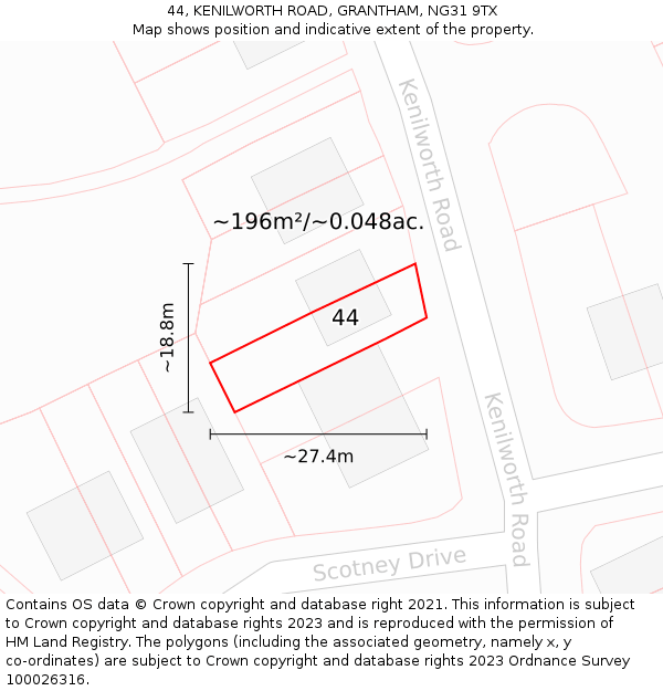 44, KENILWORTH ROAD, GRANTHAM, NG31 9TX: Plot and title map