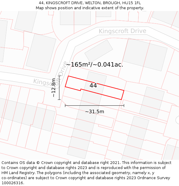 44, KINGSCROFT DRIVE, WELTON, BROUGH, HU15 1FL: Plot and title map