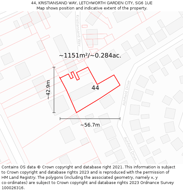 44, KRISTIANSAND WAY, LETCHWORTH GARDEN CITY, SG6 1UE: Plot and title map