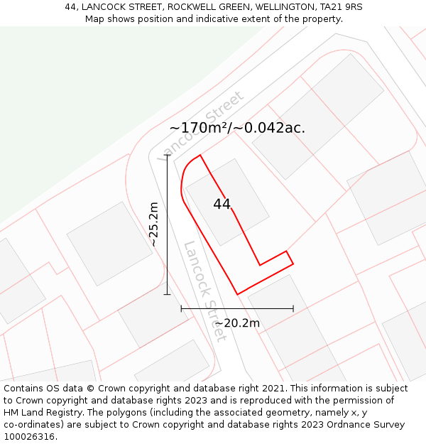 44, LANCOCK STREET, ROCKWELL GREEN, WELLINGTON, TA21 9RS: Plot and title map