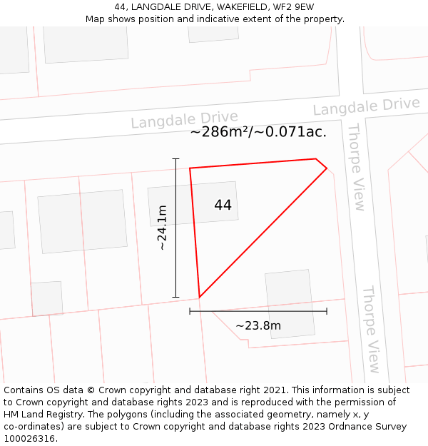 44, LANGDALE DRIVE, WAKEFIELD, WF2 9EW: Plot and title map