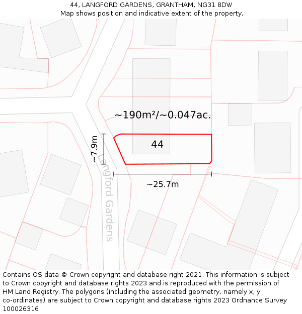 44, LANGFORD GARDENS, GRANTHAM, NG31 8DW: Plot and title map