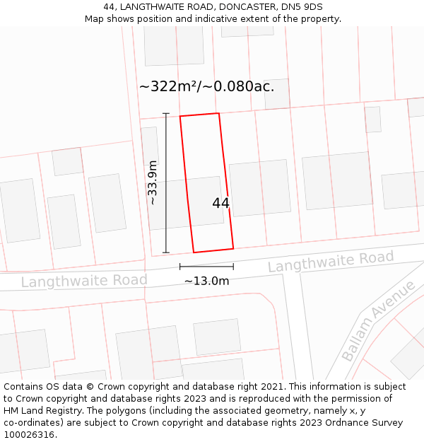 44, LANGTHWAITE ROAD, DONCASTER, DN5 9DS: Plot and title map