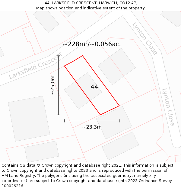 44, LARKSFIELD CRESCENT, HARWICH, CO12 4BJ: Plot and title map