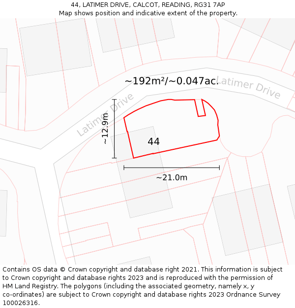 44, LATIMER DRIVE, CALCOT, READING, RG31 7AP: Plot and title map